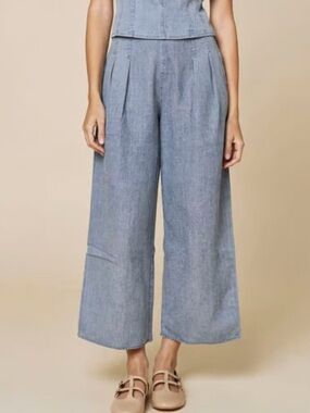 Women’s Light Blue Chambray Wide-Leg Cropped Pants-NEW